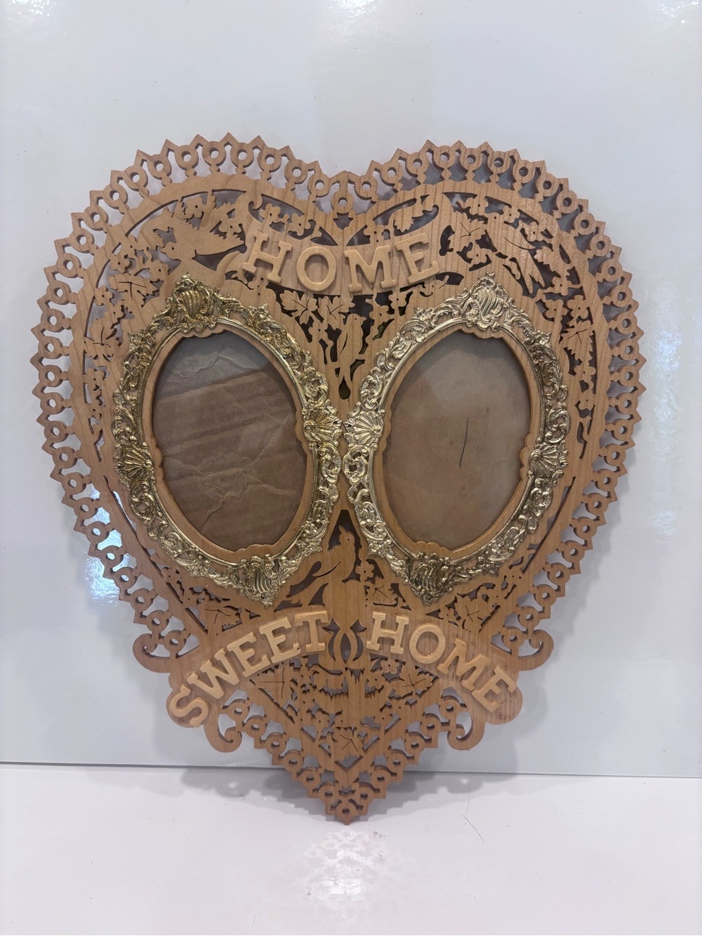 Sweet Home Heart-Shaped Wooden double Photo Frame with Gold Accent
